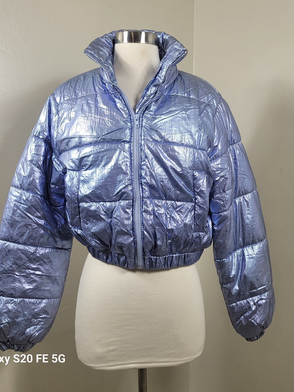 Papermoon Blue Metallic Cropped Maximalist Long Sleeve Puffer Jacket Size Small